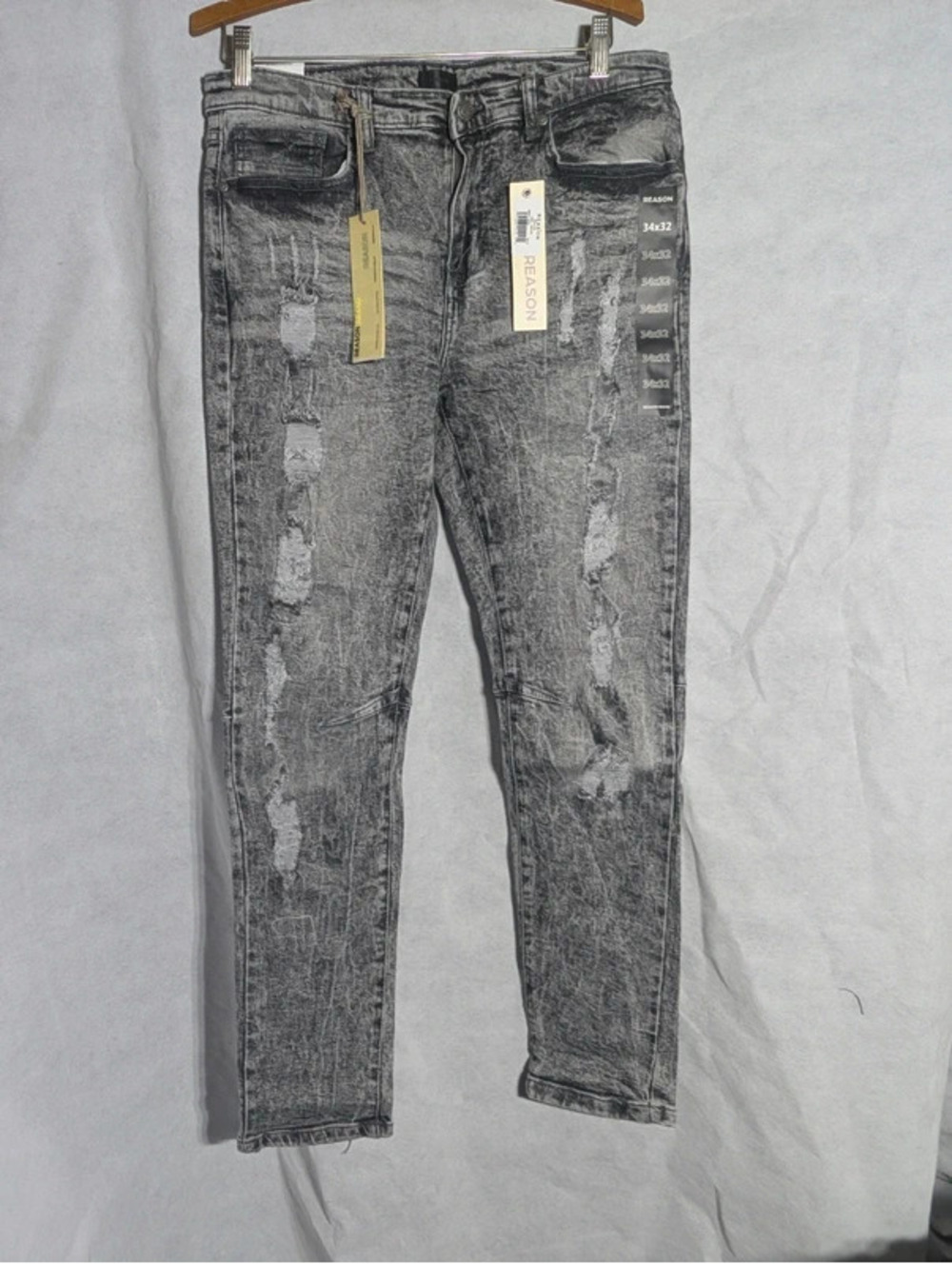 NWT Reason Brand Mens Skinny Jeans 34x32 Grey Acid Wash Distressed Moto